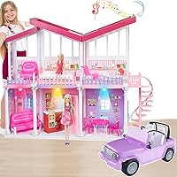 Doll House with Color Change Car, 2-Story Large Dollhouse with 11.5 Inch Dolls, Plastic Walls, Lights, Stairs, Furnitures & Accessories, Playhouse Gift for 3 to 12 Year Olds Girls Kids