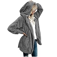 Women Fleece Fuzzy Hooded Coat Basic Open Front Soft Cardigan Hoodies Oversized Winter Casual Outerwear with Pockets