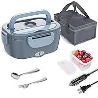 Electric Lunch Box Food Heater - 3 in 1 Portable Leakproof Heated Lunch Box for Car/Home/Adults with 1.5L Removable 304 Stainless Steel Container, 60-80W, 12V/24V/110V (Blue)