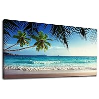 yearainn Canvas Wall Art Summer Ocean Waves Coconut Trees on Sands Beach Panoramic Seascape Scenery Painting - Long Canvas Artwork Sea Contemporary Nature Picture for Home Office Wall Decor 20