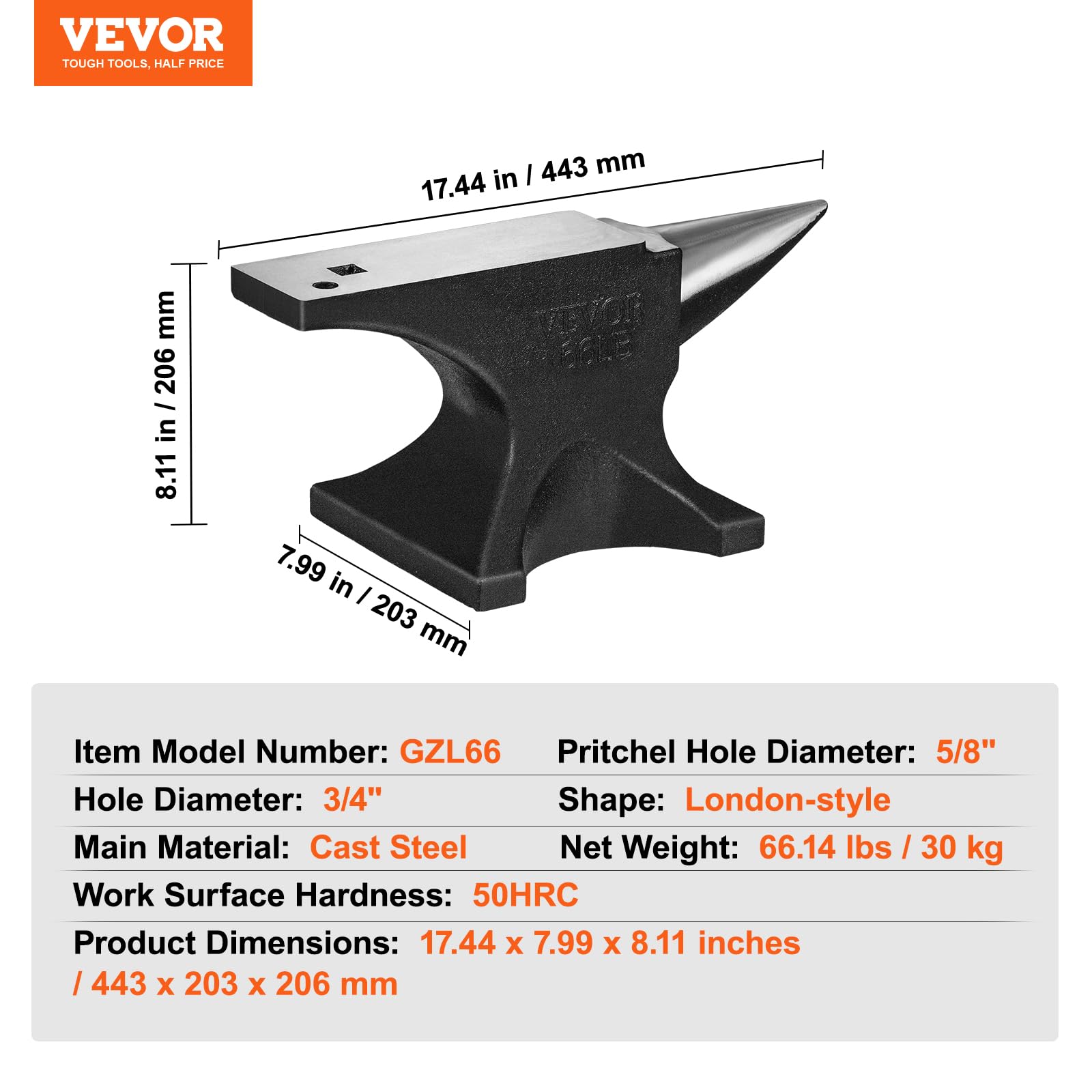 VEVOR Single Horn Anvil, 66Lbs Cast Steel Anvil, High Hardness Rugged Round Horn Anvil Blacksmith, Large Countertop and Stable Base, with Round and Square Hole, Metalsmith Tool for Bending and Shaping