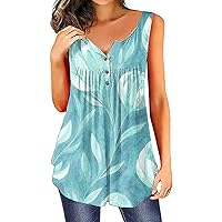 HTHLVMD Summer Fashion Cami Woman Business Crop Sleeveless Cotton Smocked Cami Lightweight Printed Baggy V Neck Blouses Womans Light Blue