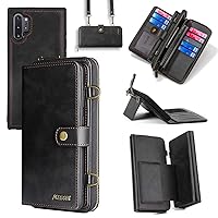 Samsung Galaxy Note 10 Plus Case, Faux Leather Wallet, 3 in 1 Magnetic, Card Holder, Zipper, Shoulder Straps-Black