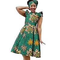African Dresses for Women Dashiki Summer Women Knee-Length Causal Cotton A-line Print Dress with Turban Headtie