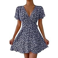 Women's Dresses New Summer Sexy Floral Lace-Up Short Sleeve V Neck Dress Dresses 2024, S-2XL