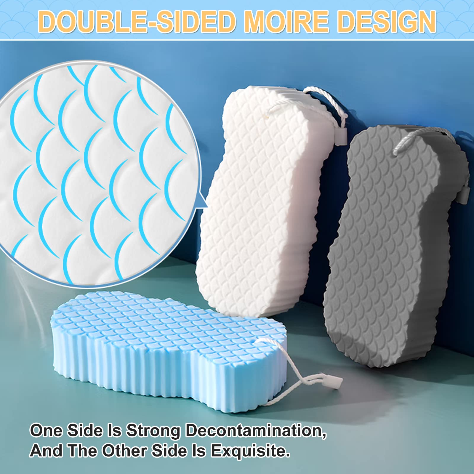 oUUoNNo 3Pcs Super Soft Exfoliating Bath Sponge, Magic Exfoliating Sponge Dead Skin Remover for Adults Children and Pregnant Women （White+Blue+Grey）