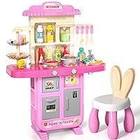 Kids Play Kitchen Playset for Toddlers Girls, Toy Kitchen Sets Pretend Play Food Toy with Chair for Girls Kids Ages 3-8, with Light Sound Spray