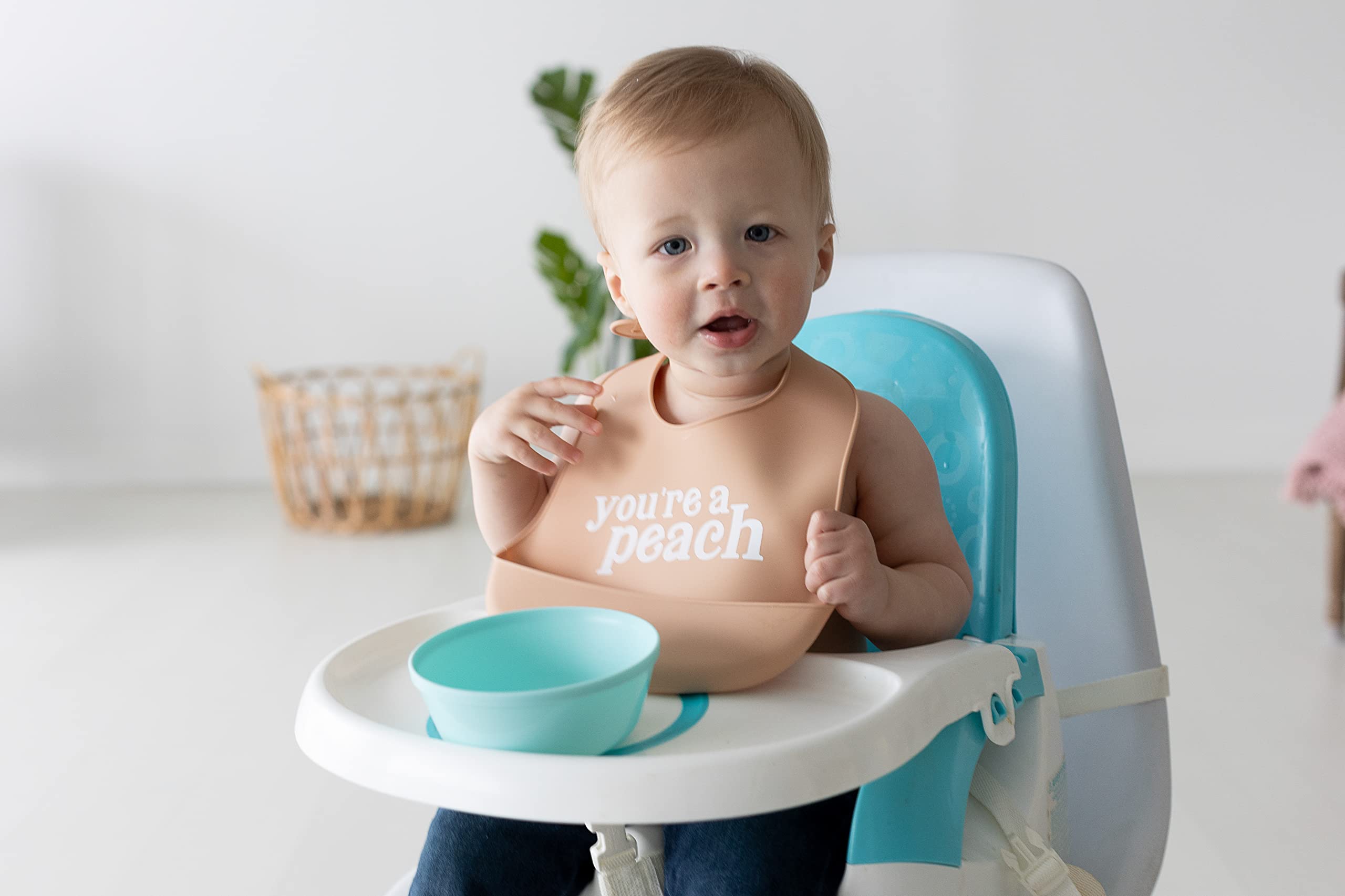 Pearhead Silicone Bib Set of 2, You're a Peach Dishwasher Safe Bibs with Food Catcher, Earth Tone Baby Bib Set, Baby Feeding Accessory for New Parents and Expecting Parents, 2 Baby Bibs
