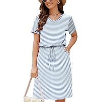 HUSKARY Women Summer Casual Midi Dresses Short Sleeve V Neck Drawstring Knee Length T Shirt Dress with Split and Pocket