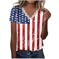4th of July Womens Lace Trim V Neck Patriotic T-Shirts American Flag Summer Short Sleeve Fashion Casual Blouses