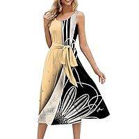 Dresses for Women 2024 Trendy Summer Beach Cotton Sleeveless Tank Dress Wrap Knot Dressy Casual Sundress with Pocket Sales Today Clearance(2-Beige,XX-Large)