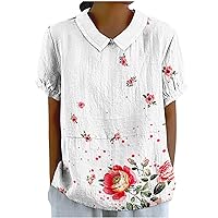 Plus Size Short Sleeve Keyhole Back Blouses Women Boho Floral Print Lapel Pullover Tops Summer Casual Loose Shirts