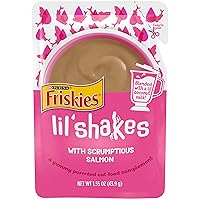 Purina Friskies Pureed Cat Food Topper, Lil’ Shakes With Scrumptious Salmon Lickable Cat Treats - (Pack of 16) 1.55 oz. Pouches