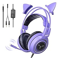 SOMIC G951S Purple Stereo Gaming Headset with Mic for PS4, PS5, Xbox One, PC, Phone, Detachable Cat Ear 3.5MM Noise Reduction Headphones Computer Gaming Headphone Self-Adjusting Gamer Headsets