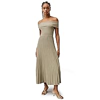LilySilk Women's Maxi Dress 100% Machine Washable Spun Silk Knit Long Dresses Off-Shoulder Stretchable Pleated