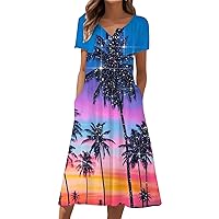 Summer Dresses for Women 2024 Short Sleeve Maxi Dresses Boho Floral Print Sundress V Neck Beach Dress with Pockets