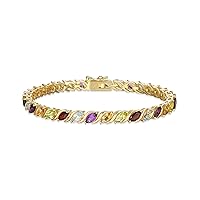 Amazon Collection 18 Karat Yellow Gold Over Sterling Silver Genuine Multi Gemstone Marquise Diagonal Wave Bracelet, 7 1/4 Inches
