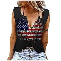 Women's Independence Day 4th of July Casual V-Neck Top Sleeveless Hollow Printed Top Solid Color Casual Summer T-Shirt