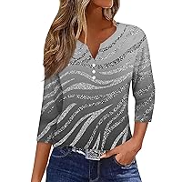 Women 3/4 Sleeve Tops Button V Neck Cute Shirts Casual Print Trendy Blouses Three Quarter Length Loose Shirts Pullover