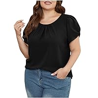 Plus Size Tops for Women Loose Casual Solid Color Chiffon Blouses Summer Puff Short Sleeve Round Neck Pleated Tshirts