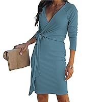 Women's Sexy Cocktail Batwing Dresses V Neck Long Sleeve Backless Bodycon Mock Wrap Knit Sweater Mini Dress