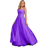 Womens Spaghetti Straps Lace Ball Gown Prom Dresses with Appliques Long Tulle Formal Dress