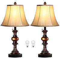 Traditional Table Lamp Set of 2, Vintage Bedside Lamps with 3 Color Temperatures LED Bulbs, Classic Bronze Desk Lamps with Bell Shape Faux Silk Shade for Living Room, Bedroom, Pull Chain Switch
