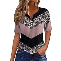 Short Sleeve Tops for Women T Shirt Tee Print Button Daily Weekend Fashion Basic V- Neck Regular Top