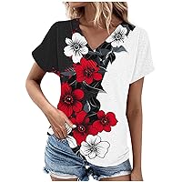 Summer Tops for Women 2024 Casual Floral Print V Neck Blouse Tees Fashion Short Sleeve Tunic T-Shirts Ladies Dressy Shirts