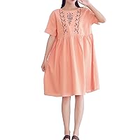 Women's Summer Loose Embroidered Midi Linen Cotton Dresses with Pockets