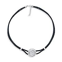 Round Disc Medallion Genuine Black Leather Celtic Sun Rising & Wishing Tree Of Life Collar Choker Necklace For Women .925 Sterling Silver