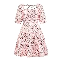 EIAY Shop Girls Floral Casual Dress Puff Sleeve Plaid Smocked Dresses Square Neck for 7-12 Years