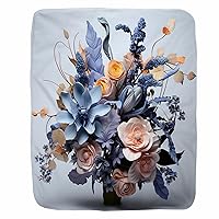 Blue and Orange Floral Blanket Aesthetic Plant Flowers Bouquet Throw Blanket for Couch Snuggie Fuzzy Personalized Soft Fleece Flannel Blanket for Adults (60