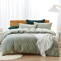Duvet Cover Queen,Washed Microfiber Green Queen Size Duvet Cover Set,Solid Color - Soft and Breathable with Zipper Closure & Corner Ties (Green, Queen)