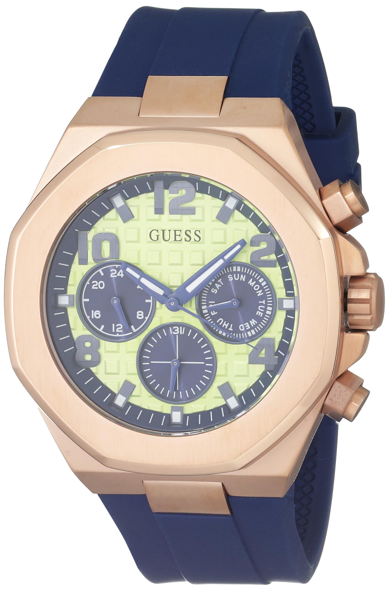 GUESS Men's 46mm Watch - Blue Strap Lime Green Dial Rose Gold Tone Case