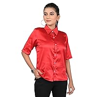 Women Satin Shirts Silk Fabric Spread Collar Half Sleeve Button Down Top Silky Shirt for Ladies Girls