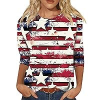 Fourth of July Shirts 3/4 Length Sleeve Womens Tops American Flag T-Shirt Star Stripes Graphic Tee Patriotic Blouse