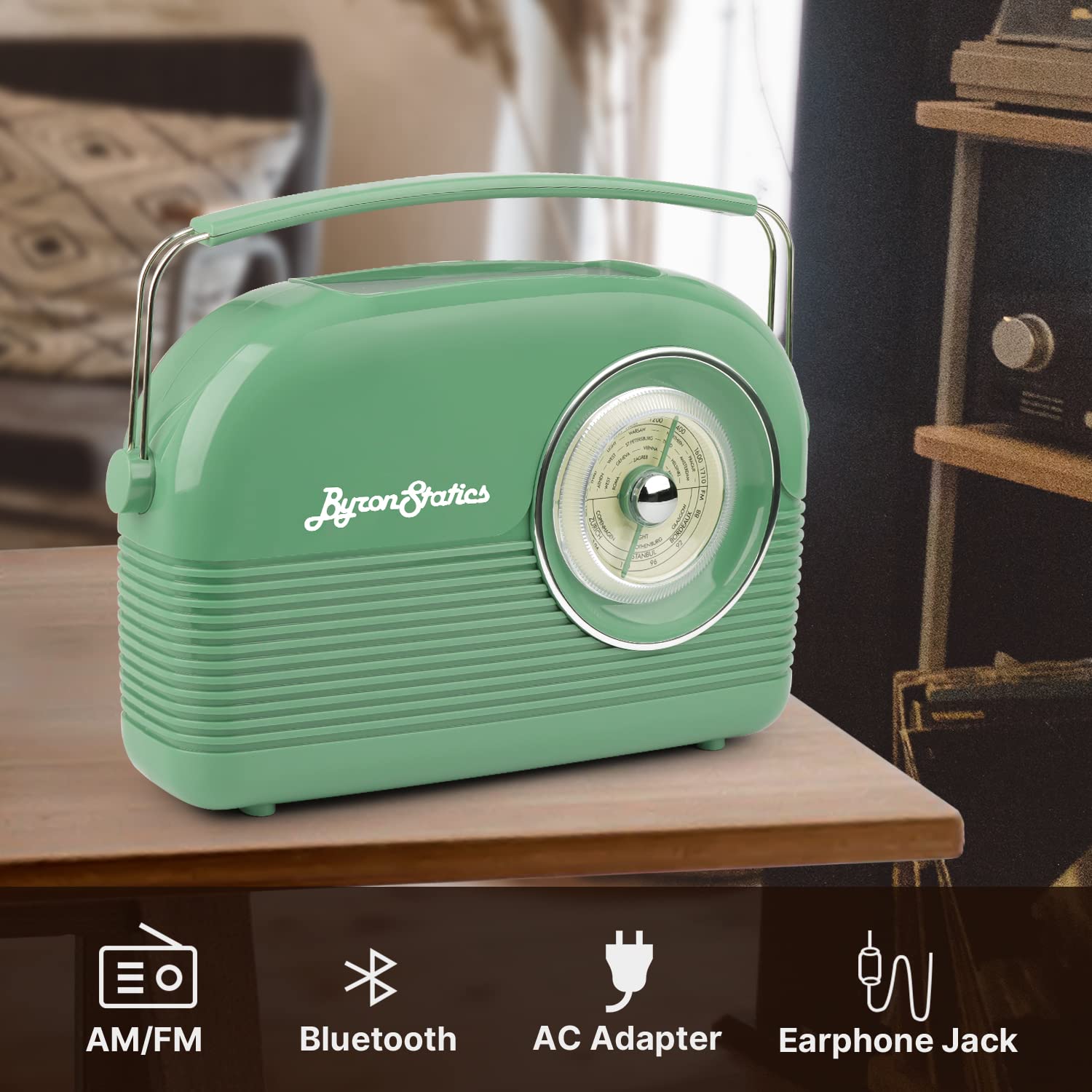 ByronStatics Radios,Teal AM/FM Radio,Blutooth Speaker,Portable Large Handle,AC 120V Power Adaptor Or Battery Operated,Large Dial Easy to Use,Tuning Knob,Telescopic Antenna,Headphone Jack