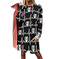 Mexico Flag Heartbeat Women's Long Sleeve T-Shirt Dress Casual Tunic Tops Loose Fit Crewneck Sweatshirts with Pockets
