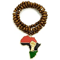 Larger Power Fist Over Pan African Africa Pendant with 36 Inch Wood Bead Necklace
