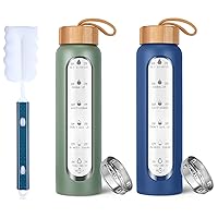 32 Oz Glass Water Bottle Bundle with Times to Drink - BPA Free Reusable Wide Mouth Glass Motivational Water Bottles with Infuser & Silicone Sleeve – Borosilicate Water Bottle with Time Marker