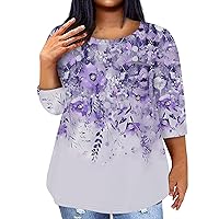 Summer Trendy Womens Oversize 3/4 Length Sleeve Tops Plus Size Casual Loose Crew Neck Shirts Printed Blouse with Pocket