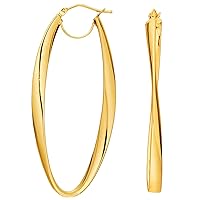 14K Yellow Gold Shiny Long Oval Freeform Hoop Earring with Hinged Clasp