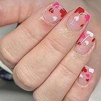 False Nails, 24Pcs Short Square Acrylic Press on Nails Kit, Heart Design, Valentine's Day Special, Full Cover Artificial Nails for Women