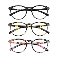 3 Pack Blue Light Blocking Glasses Round Frame Reading Glasses for Women Men, Computer Anti-Glare Anti Eyestrain Reading Glasses (Black+Yellow Tortoise+Pink Floral, No Magnification)