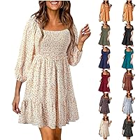 Womens Spring Summer Dresses Boho Floral Square Neck Smocked 3/4 Sleeve Casual A-Line Swing Mini Dress