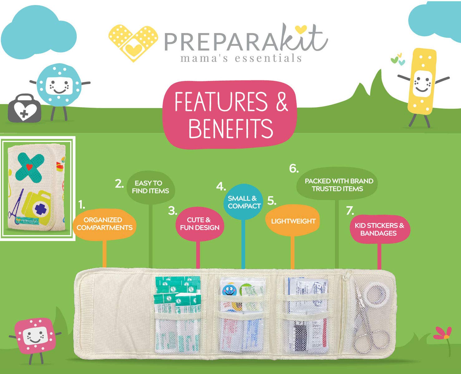 PreparaKit Travel First Aid Kit for Kids - Mini First Aid Kit for Car, Purse, Backpack, or Diaper Bag - 50 Piece Travel Medicine Kit Includes All Essential Medical Supplies - TSA-Approved (Kid Joy)