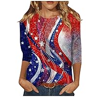 4th of July Shirts for Women Independence Day Star Stripes Print Tops Three Quarter Sleeve Blouses Graphic Tees