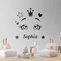Girls Wall Decal - Cartoon Eyes with Heart Crown and Name Customization - Decal for Girl's Nursery Decor 44x46