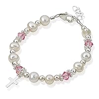 Christening Austrian Clear or Pink Crystals with Cultured Fresh Water Pearls and Sterling Silver Cross Charm Luxury Child Unisex Bracelet, Baptism,Communion (BFWC)